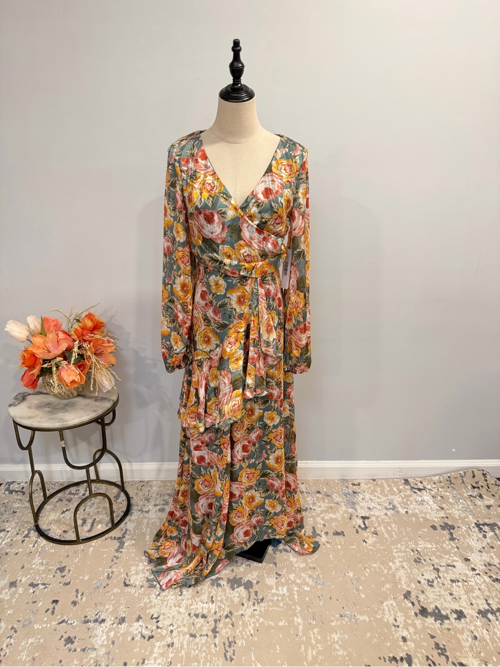 Olia Yellow & Green Multi Floral Long Puff Sleeves Faux Wrap Maxi Dress - Size S